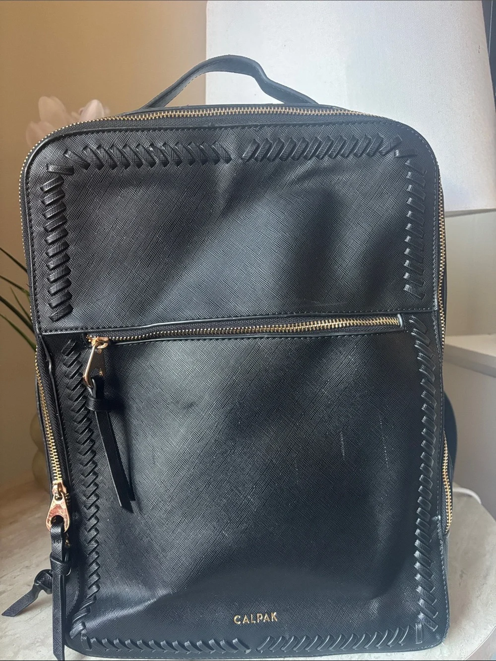 Calpak Black Backpack with Gold Hardware and Braided Trim
